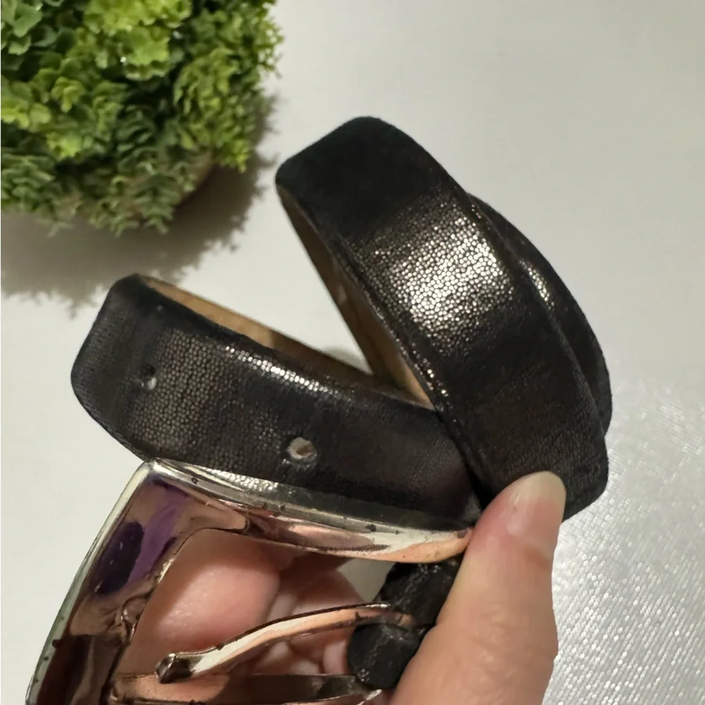 Vintage Sandcastle Black Silver Shimmer‎ Genuine Leather Belt Women’s Size Large